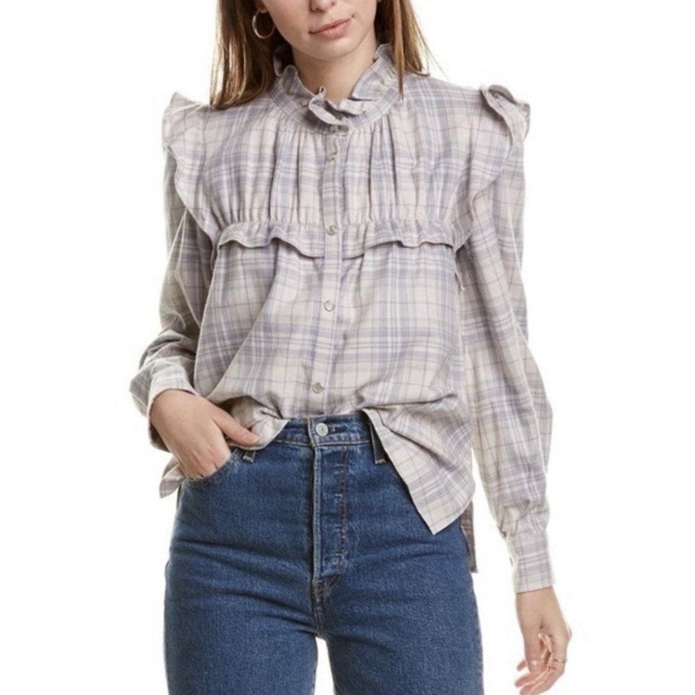 ISABEL MARANT Étoile Idety Plaid Pearl Snap Cotton Ruffle Top Shirt Blouse EU 34